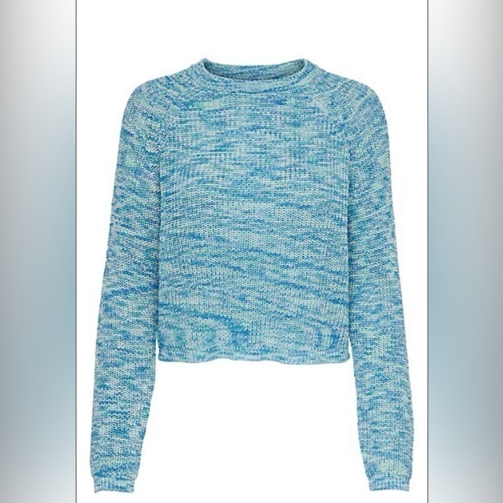 NWT ONLY Nina Melange Knit Crewneck Raglan-Sleeve Cropped Sweater Blue Mix Sz L